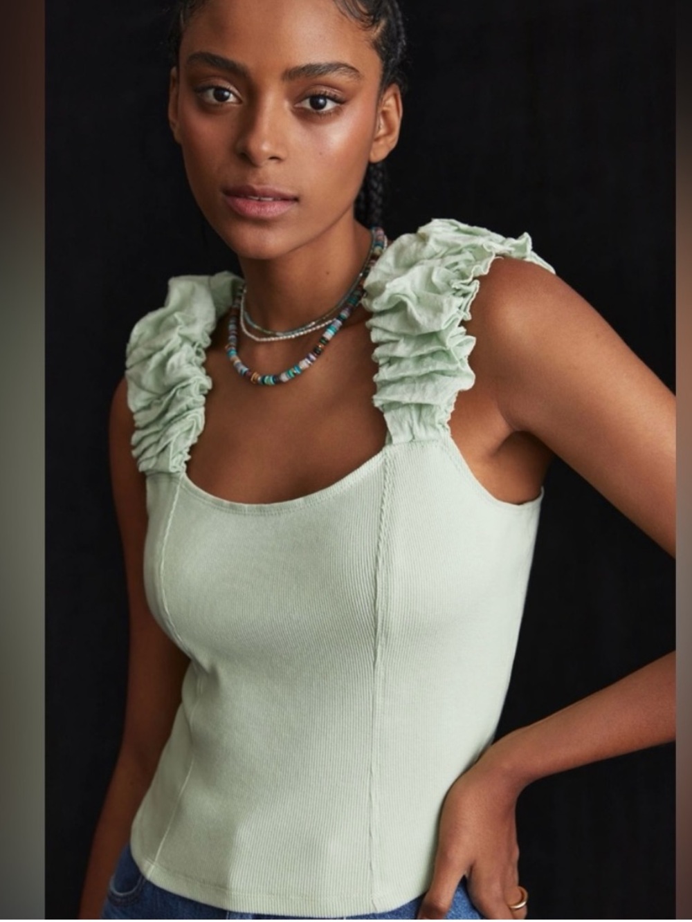 Ruffled Shoulder Knit Tank Top - Light Sage